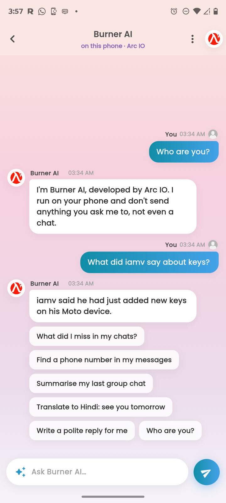 Burner AI answering a question on the phone.