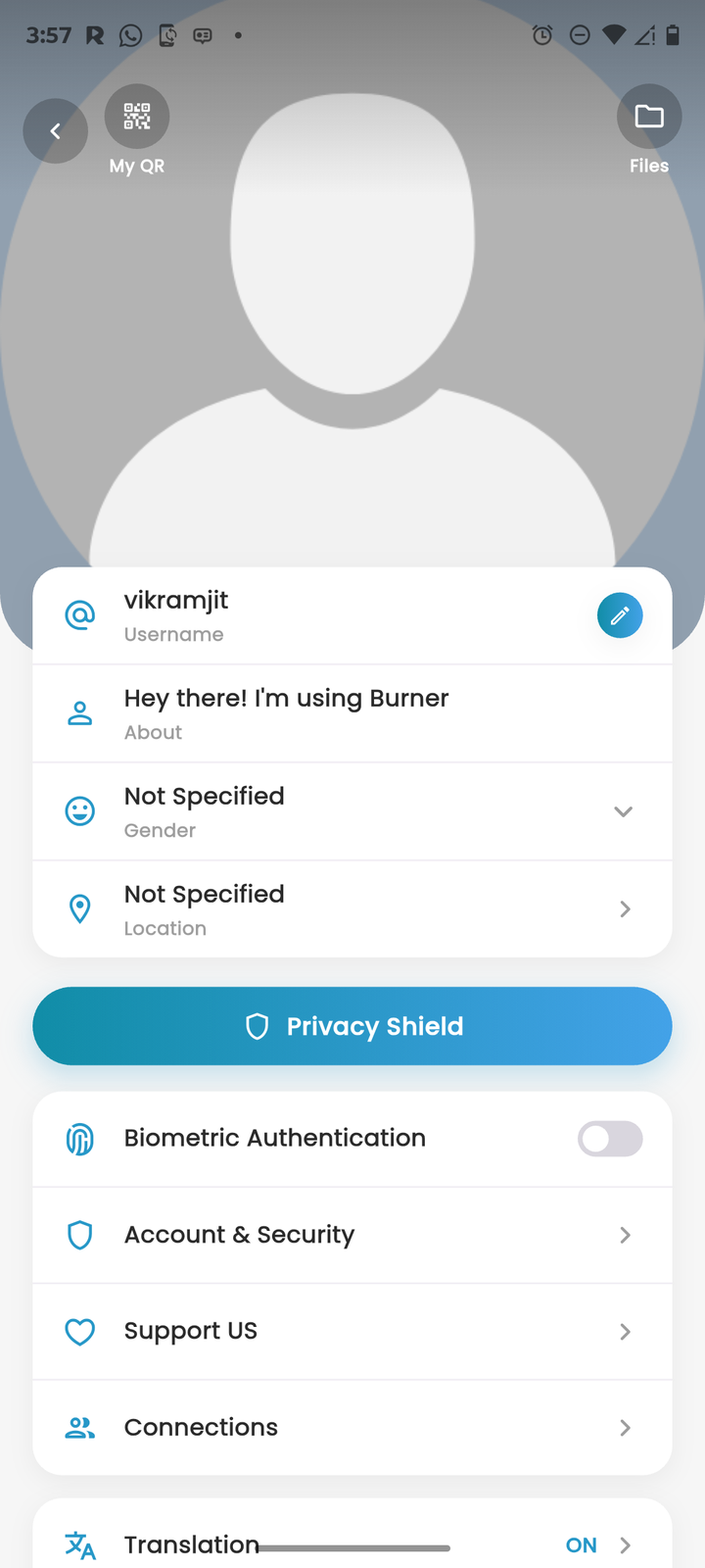 Burner settings, including the app language.